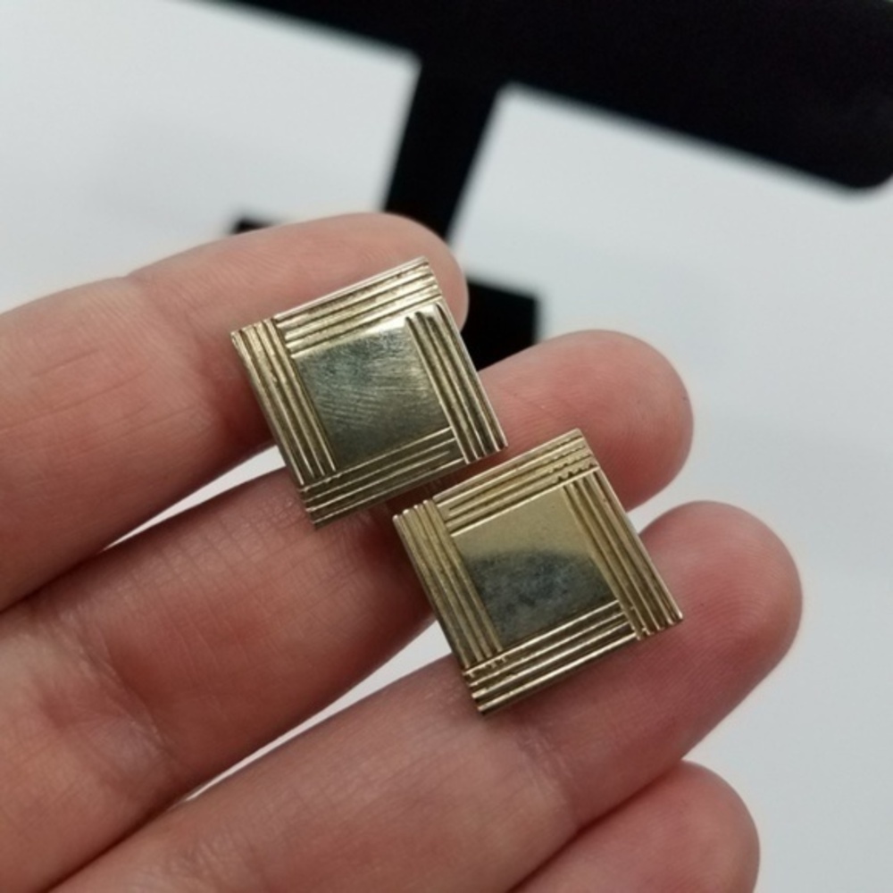 ! Gold‎ Tone Cufflinks Mens Square Minimalist Jewel - Picture 3 of 5